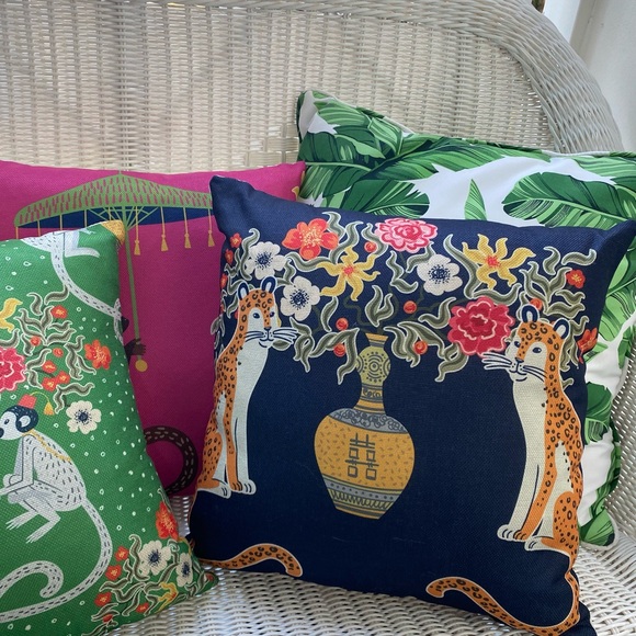 Pink Green Monkey / Blue Ginger Jars Pillow Cover w Insert 17.7” Grandmillennial - Picture 5 of 16